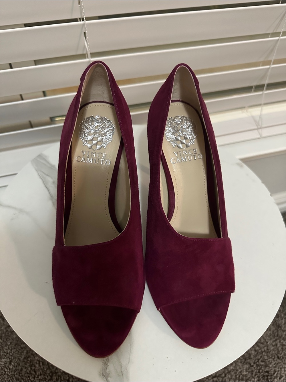 Vince Camuto Burgundy Suede Peep-Toe Stiletto Pumps - Picture 3 of 5
